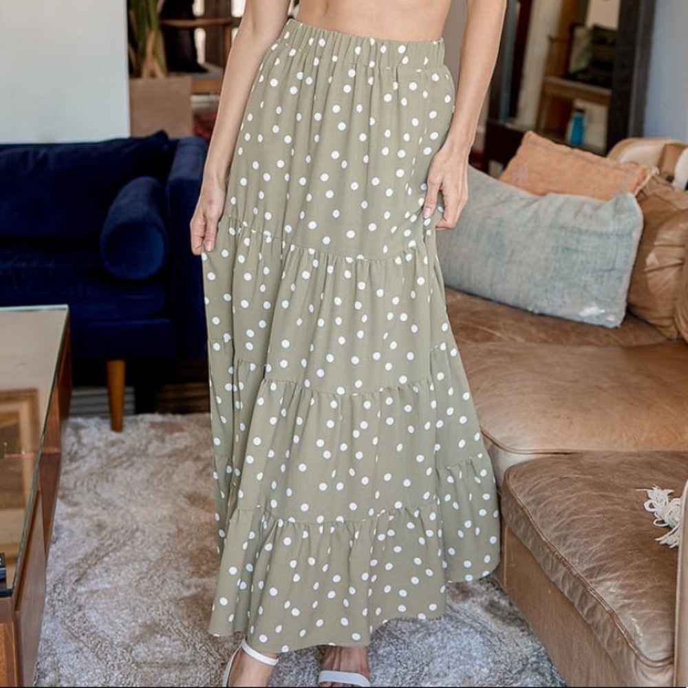 Lulus Visions of Style Sage Green Polka Dot Maxi Skirt